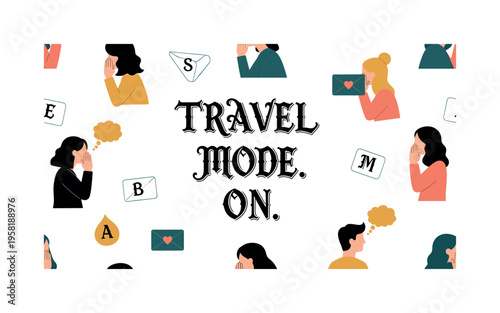 Travel Mode On. lettering and all elements in black. Vector style. AWhite background. Pure white background. Perfect isolation and visual