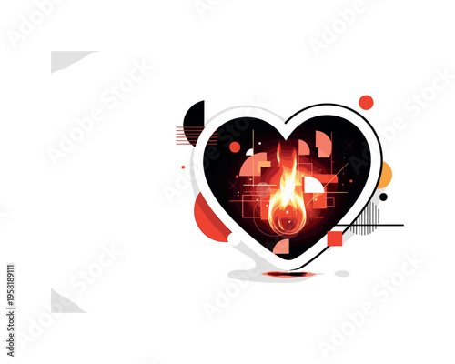 heart glowing with fiery abstract shapes abstract semicircles lines and geometric blocks symbolizing passionate energy overcoming hesitation black and white