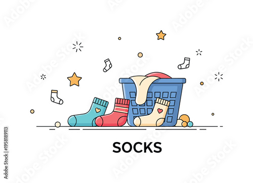 Socks playful socks on a bed in bright colors and patterns symbolizing cheerful home life, comfort, and personal style. Decorative stars and small fabric icons