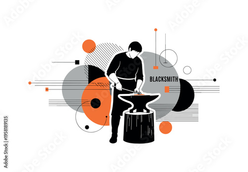 medieval blacksmith at forge abstract circles lines and geometric shapes representing craftsmanship in historical setting black and white retro human figure