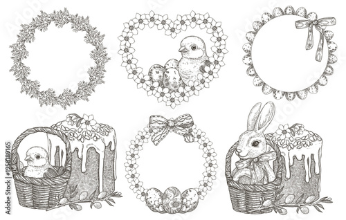 Easter vector sticker and wreath set with chick and cute bunny in flower basket. Hand drawn vintage outline illustration with iced cake and heart shape frame. Perfect for traditional holiday card.