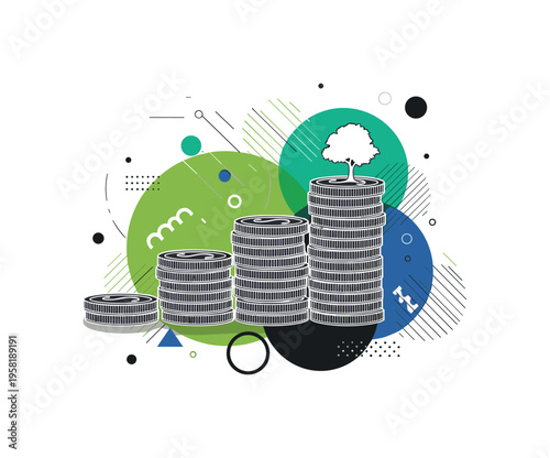 stacked coins forming staircase with small tree on top abstract circles lines and geometric shapes representing financial growth with purpose black and white