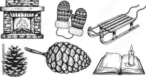 Hand-drawn winter elements set including fireplace, mittens, sled, pine cones, book, and candle, in black and white sketch style.