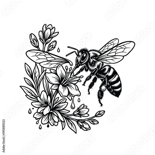 Detailed Black and White Illustration of a Bee Collecting Nectar from Flowers