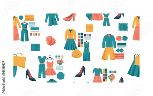 fashion sketches and mood boards seamless pattern, repeating pattern, surface design, textile print, modern illustration of outfit sketches, color swatches,