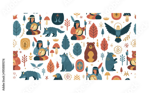 shamanic nature connection seamless pattern, shamans with drums and feathers, spirit animals, totems, sacred symbols and forest plants arranged in a repeating