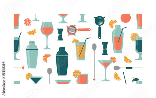 cocktail mixing tools seamless pattern, shakers strainers jiggers spoons glasses and citrus garnishes arranged in a repeating pattern, white background with