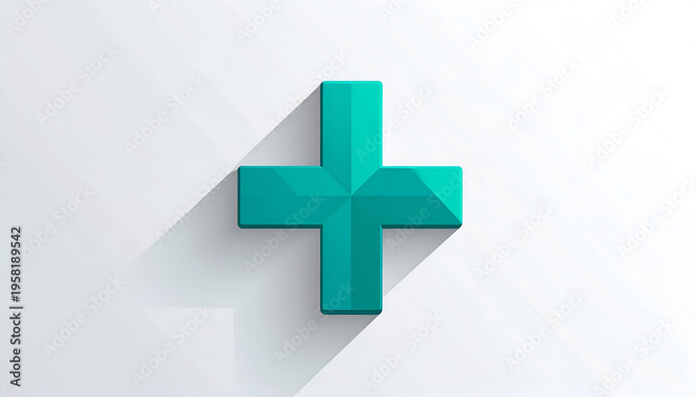 Obraz premium Teal geometric plus sign with long shadow on clean white background graphic element