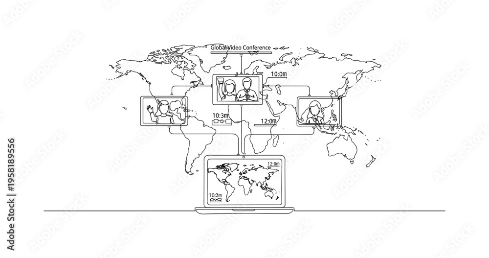 Fototapeta premium Global Video Conference. Minimalistic one-line drawing people in small screens on laptop connected to world map with time indicators, continuous single black