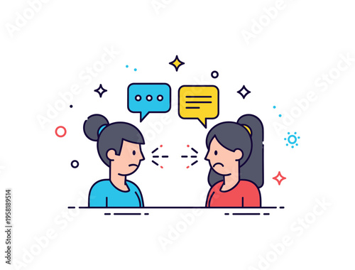 Friends quarreling depicted by two small stylized figures with speech bubbles and subtle tension lines, tiny decorative sparks highlighting emotion without