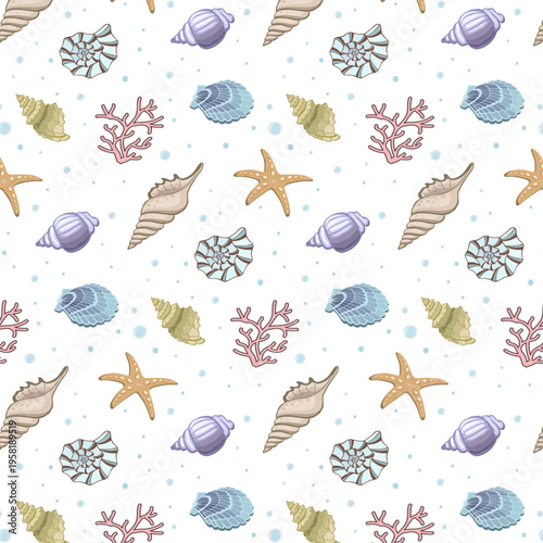 Multicolored mollusks on a white background.Vector seamless pattern with multicolored shellfish on a white background with bubbles.