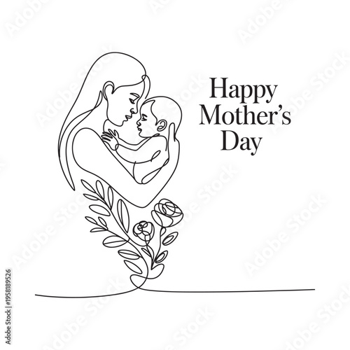 Line art illustration of a mother and child embracing with floral elements and text