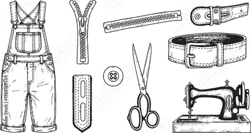 Hand-drawn sketch collection of sewing and clothing accessories including overalls, zippers, belts, scissors, and a sewing machine.