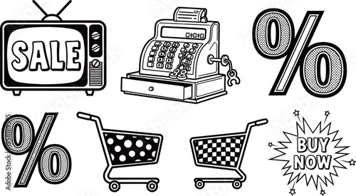 Black and white illustration of various shopping and sale related items including a TV, cash register, and carts.