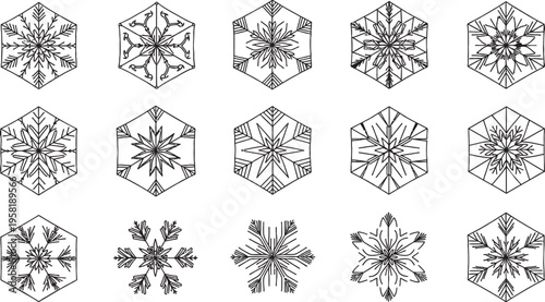 A collection of intricate black and white snowflake designs, each with unique patterns and hexagonal outlines.