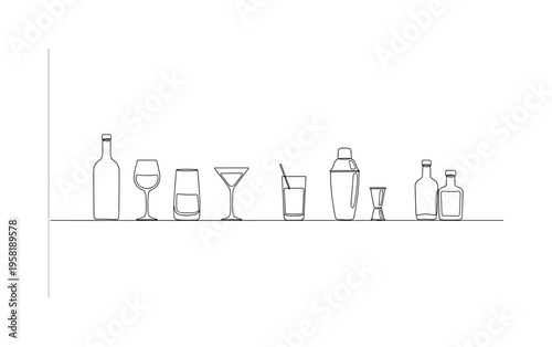 Modern Bar Counter. Minimalistic one-line drawing clean bar counter surface with glassware and bar accessories, continuous single black line on white