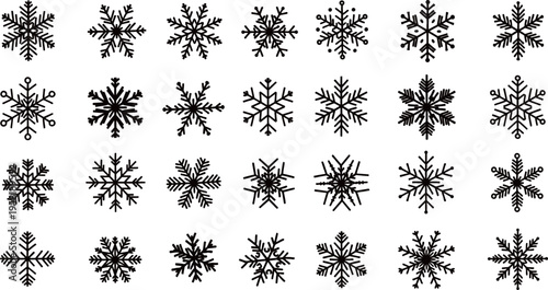 A collection of various intricate black snowflake designs on a white background, showcasing unique winter patterns.
