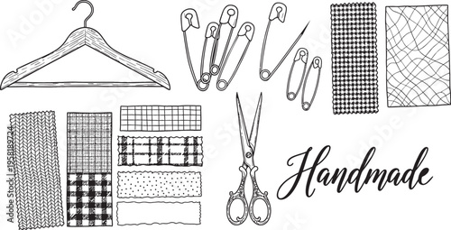 A collection of sewing and crafting tools including a hanger, safety pins, scissors, and various fabric swatches, with the word 'Handmade'.