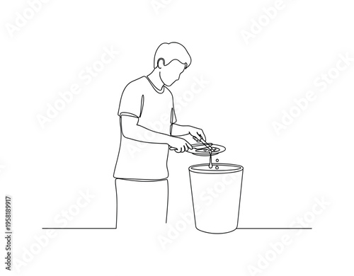 Throwing Away Food Scraps. Minimalistic one-line drawing person scraping leftover food from a plate into a trash bin after dinner, continuous single black line