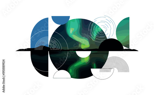 lake reflecting aurora borealis abstract semicircles lines and geometric blocks symbolizing mirrored natural spectacle black and white retro lake and aurora
