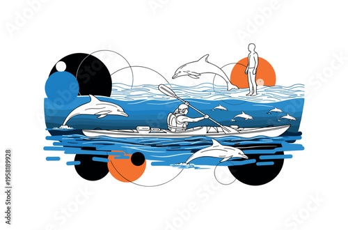 kayaker paddling past floating geometric waves abstract circles lines and geometric shapes representing dynamic ocean environment black and white retro kayak