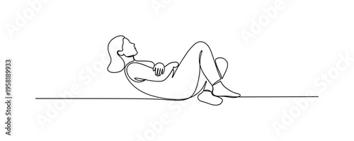 Side Sleeping Position. Minimalistic one-line drawing person lying on their side with bent knees and arms positioned comfortably, continuous single black line
