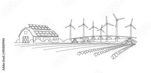 Farm with Renewable Tech. Minimalistic one-line drawing mixed renewable energy sources on a farm including solar panels, wind turbines, and irrigation systems,