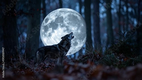 A wolf howls at a large, bright full moon in a dark forest setting