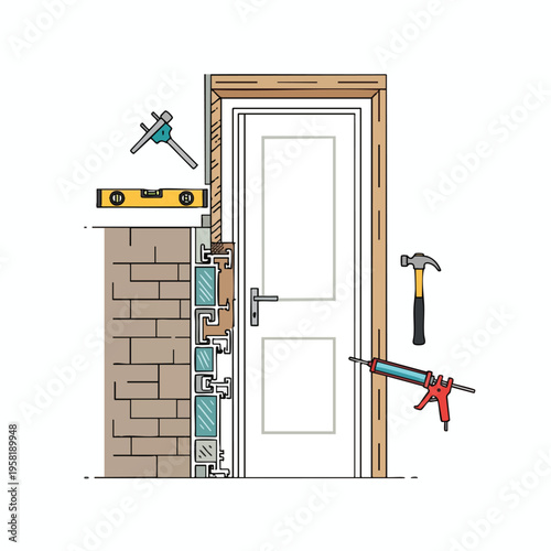 Door installation with tools, cross-section of wall and frame showing layers