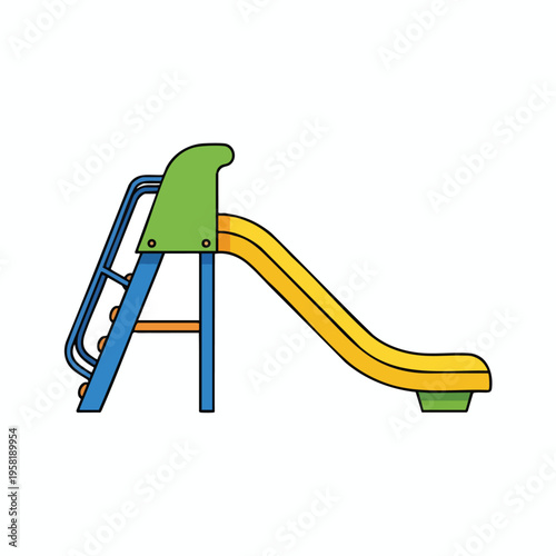 Brightly colored playground slide with blue ladder and yellow chute