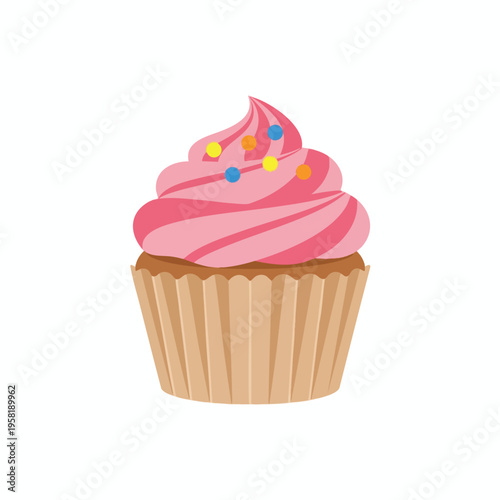 Pink swirled frosting cupcake with colorful sprinkles in a brown wrapper