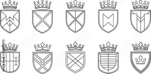 A collection of ten black and white line art heraldic shields, each adorned with a crown, featuring various geometric patterns and symbols.