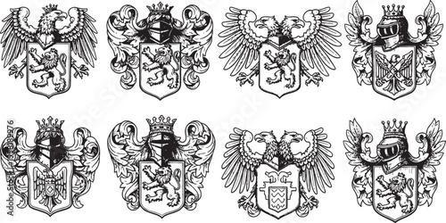 A collection of eight intricate black and white heraldic crests and coats of arms featuring eagles, lions, crowns, and helmets.