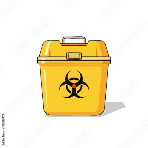 Yellow biohazard container with a black and red biohazard symbol