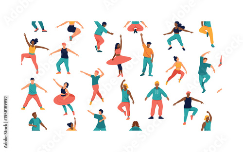 dance fitness class seamless pattern, energetic dancers moving with arms up spins and steps arranged in a repeating pattern, white background with vibrant