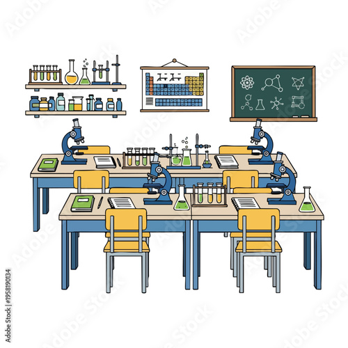 Illustration of a chemistry lab classroom with desks, microscopes, and beakers