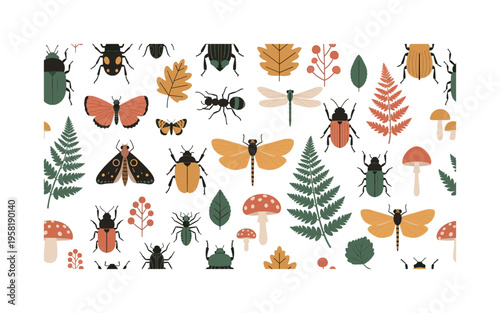 wild forest insect world seamless pattern, diverse woodland insects like beetles butterflies ants dragonflies and moths with forest plants arranged in a