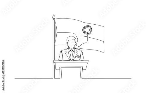 National Leader Figure. Minimalistic one-line drawing abstract leader with podium and symbolic flag or emblem, continuous single black line on white
