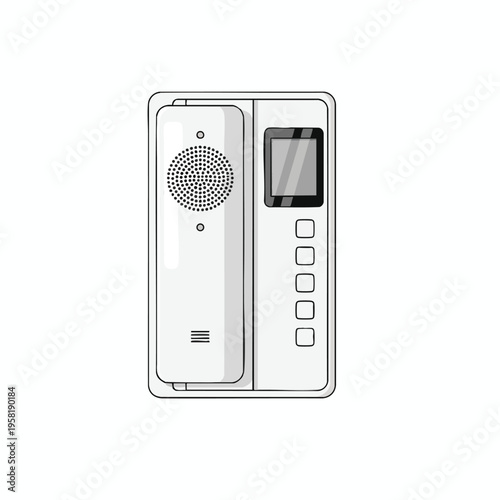 A minimalist illustration of a white intercom with a handset, screen, and buttons