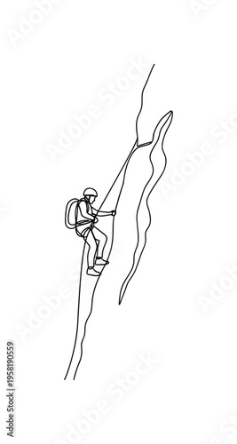 Climber With Rope. Minimalistic one-line drawing climber using a rope while scaling a steep mountain face toward the top, continuous single black line on white