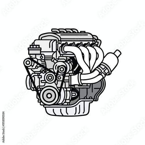 Detailed vector illustration of a car engine with various components