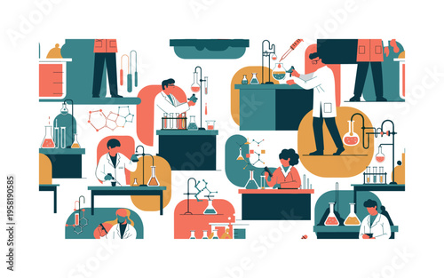 chemistry lab work seamless pattern, scientists handling chemicals, test tubes, beakers, pipettes and lab tables arranged in a repeating pattern, white