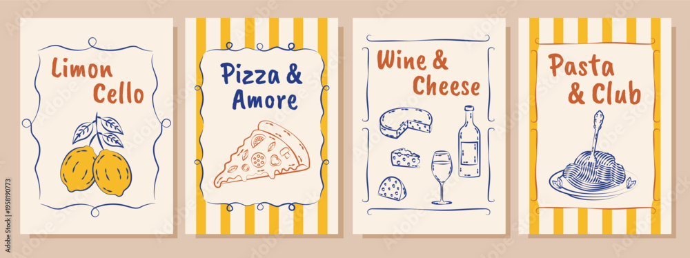 Εκτύπωση καμβά Italian summer posters and cards in hand drawn whimsical style