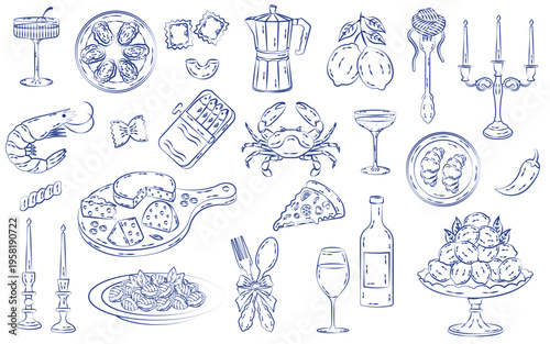 Italian mediterranean food set in hand drawn whimsical style. La Dolce Vita. Amalfi coast.