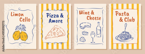 Italian summer posters and cards in hand drawn whimsical style. lemons. Mediterranean. La Dolce Vita. Amalfi coast.