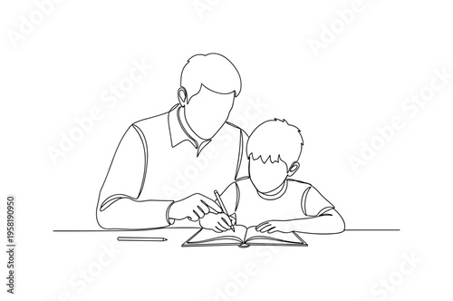 Orphan Education Support. Minimalistic one-line drawing adult helping child with homework representing educational support for orphans, continuous single black