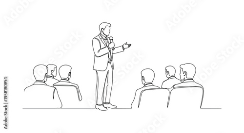 Community Wellness Talk. Minimalistic one-line drawing speaker with microphone discussing health prevention strategies to audience, continuous single black