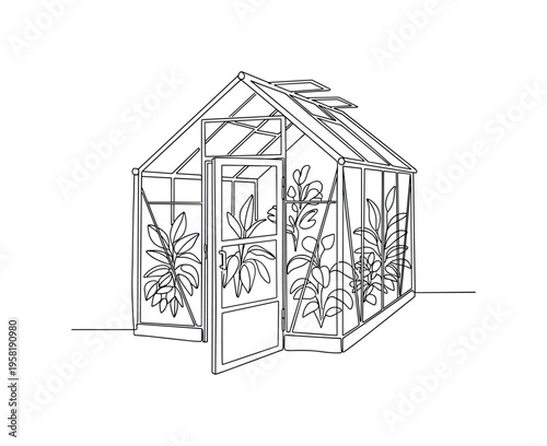 Greenhouse Door Detail. Minimalistic one-line drawing simple greenhouse door open with plants visible inside, continuous single black line on white background,