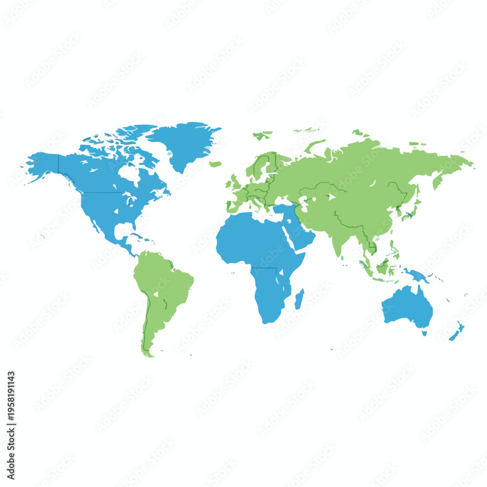 Fototapeta premium World map with continents colored blue and green