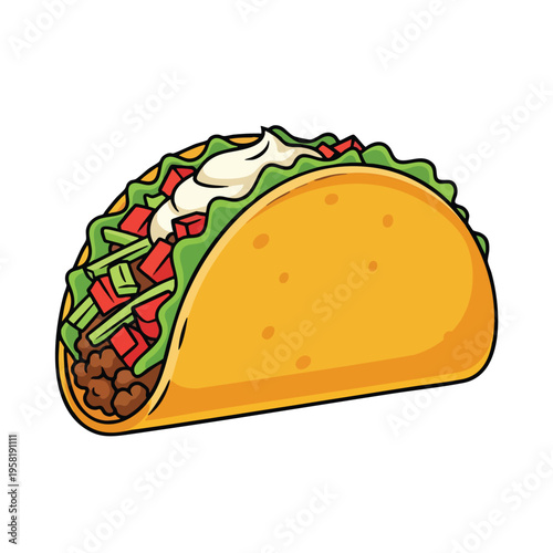 A stylized taco with meat, lettuce, tomatoes, and sour cream, on a white background